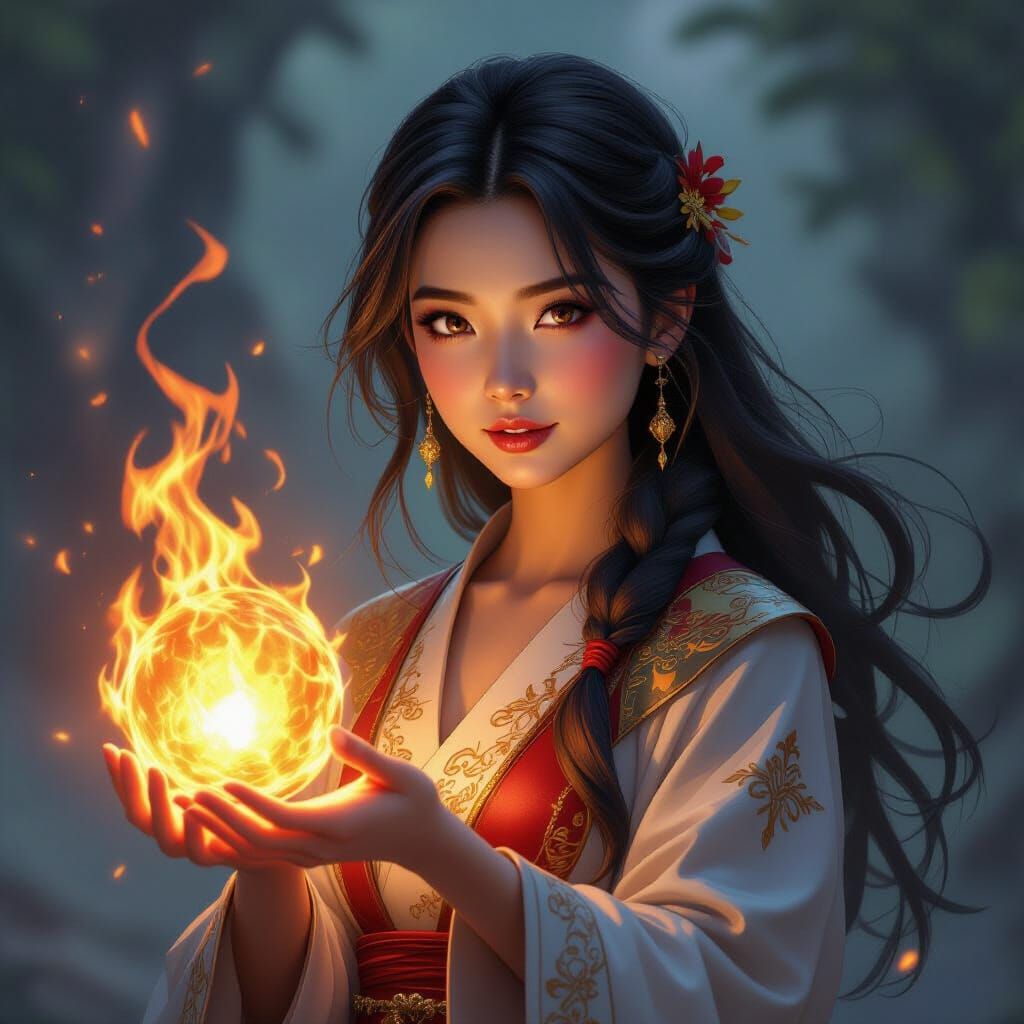Asian Sorceress Conjures Fireball in Fantasy Digital Paintin...