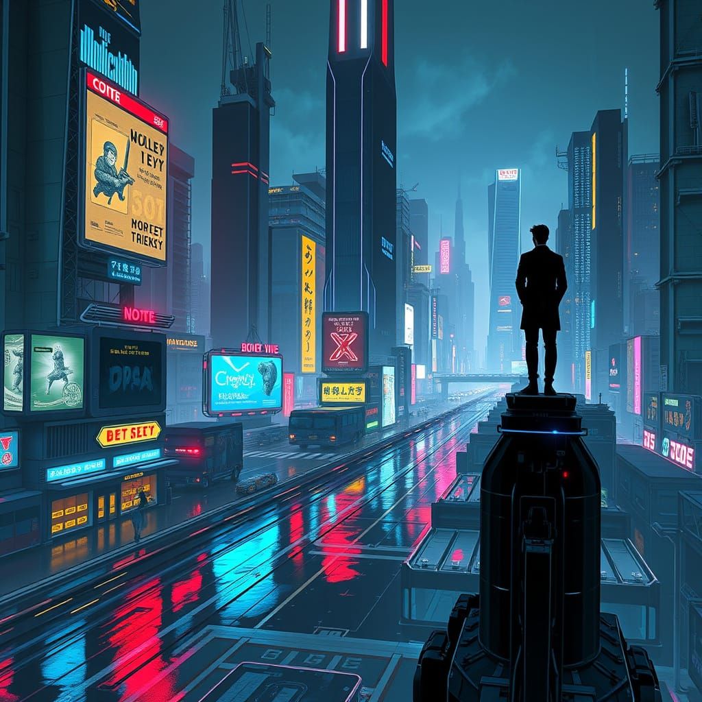 Cyberpunk Cityscape with Lone Figure in a Futuristic Metropo...