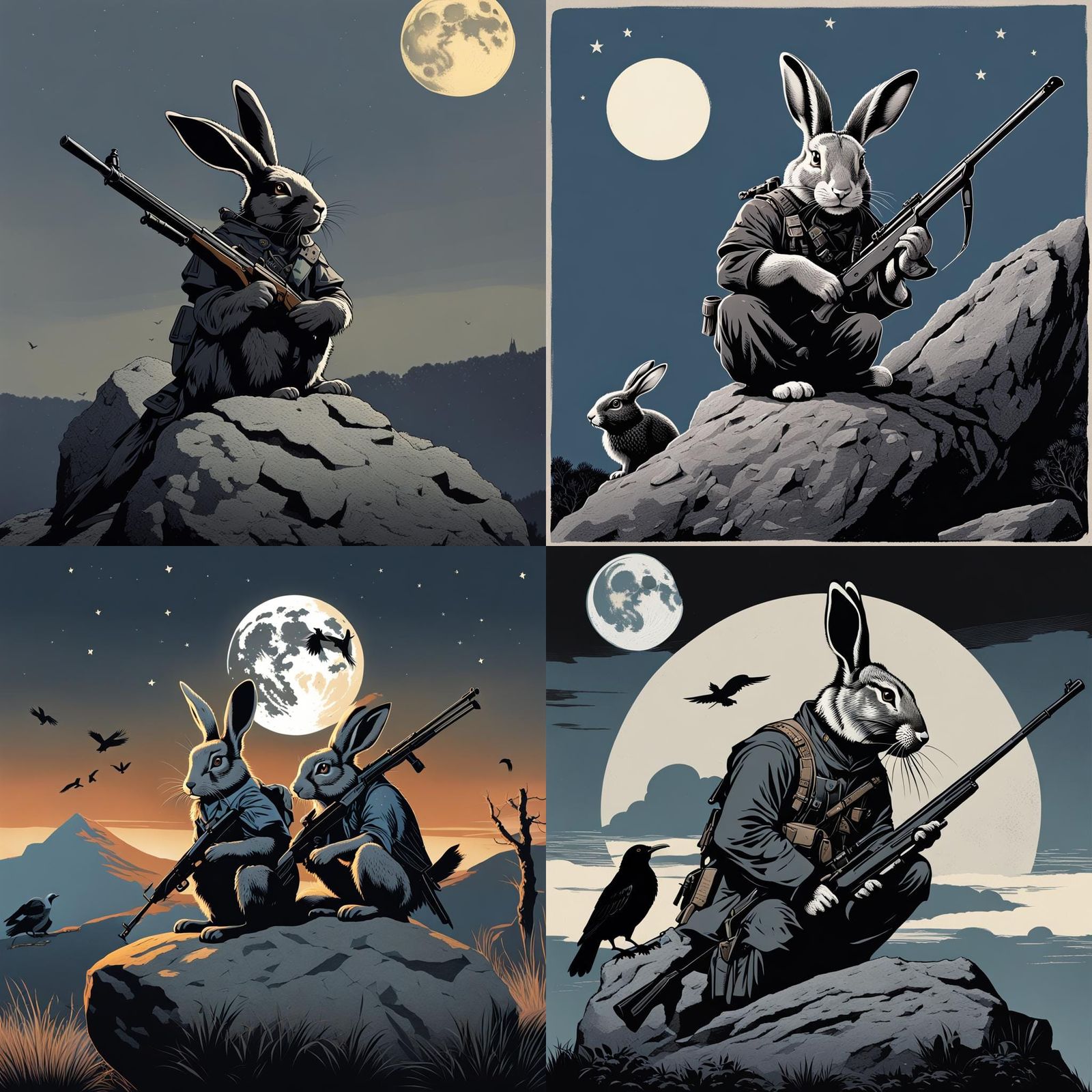 Armed Grey Rabbit and Raven Under Moonlight