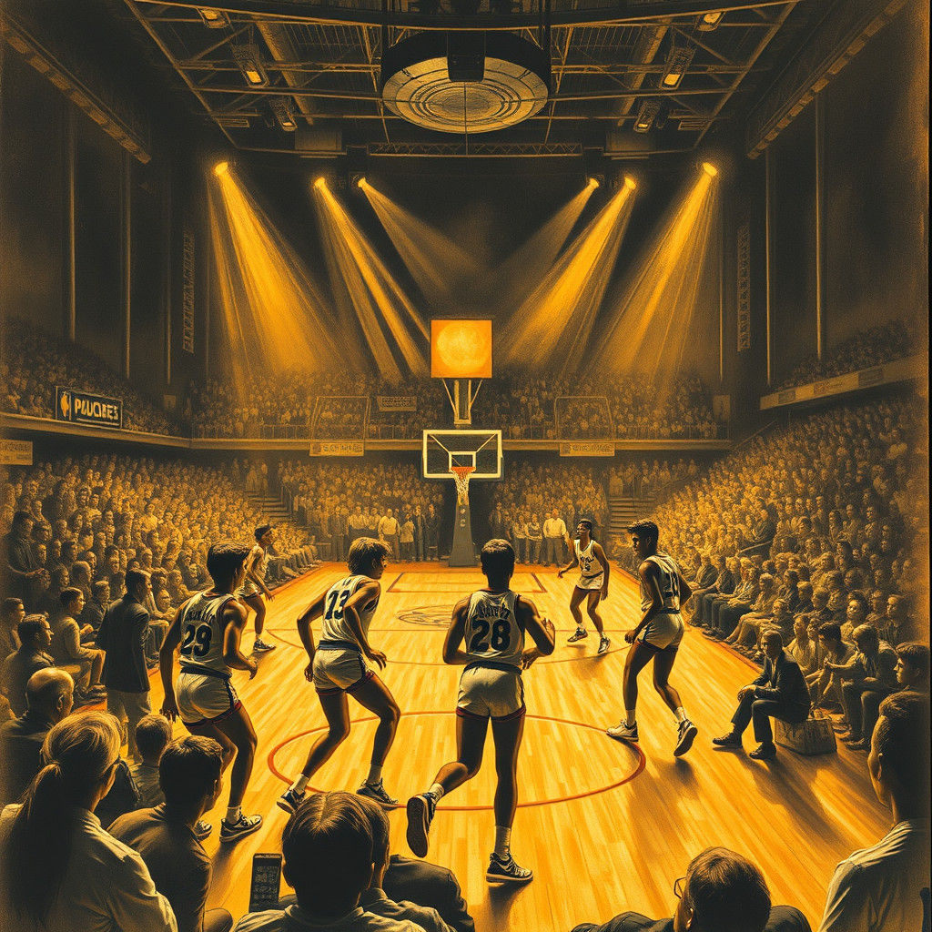 1960s Basketball Game in Charcoal Drawing Style
