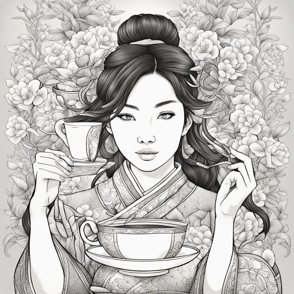 image a colorier femme asiatique qui prends le thé