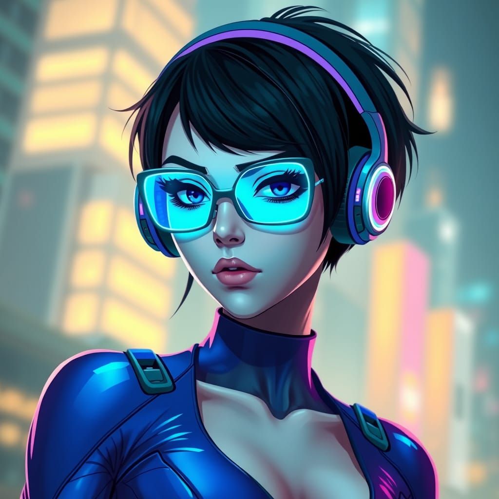 Futuristic Female in Neon Style with High-Tech Cityscape