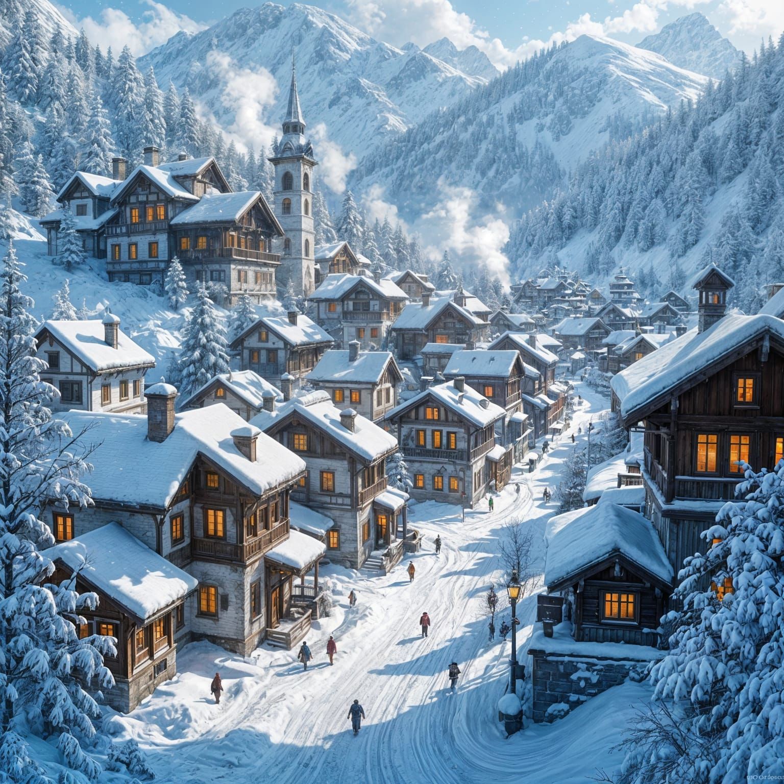 Beautiful Snowy Town Landscape in Detailed Painting Style