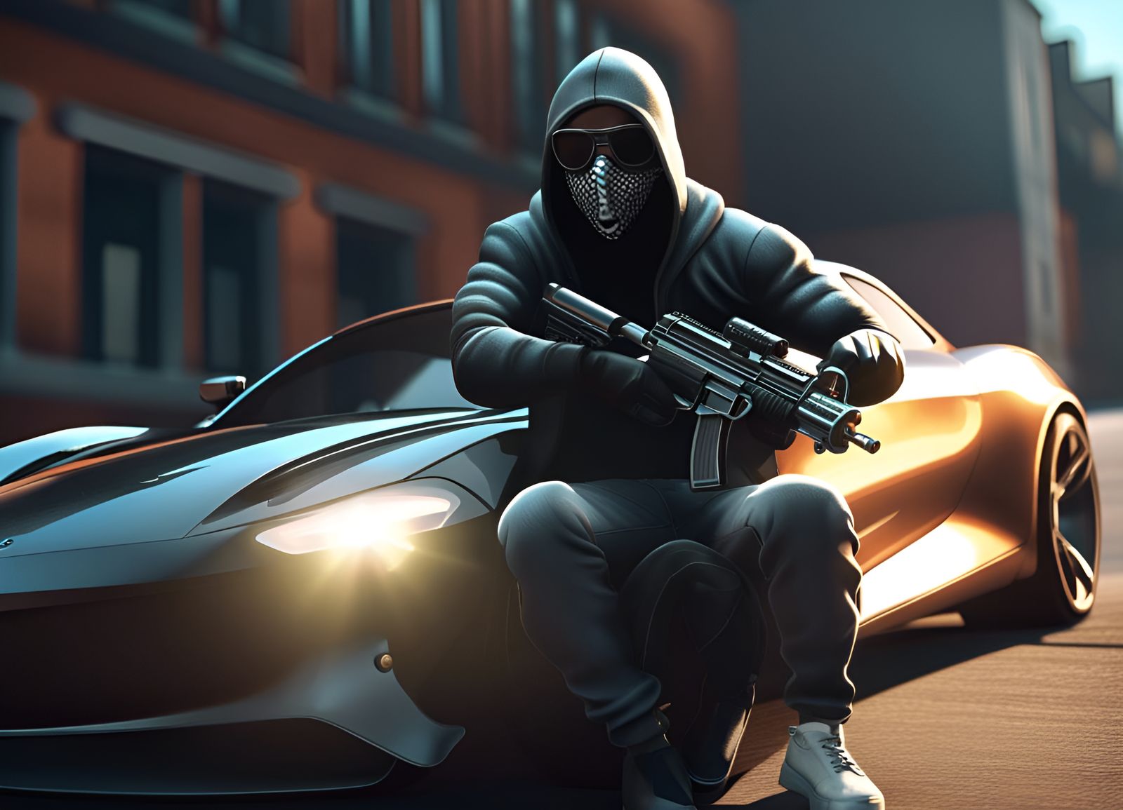 Gangster in Sports Car with Machine Gun, 3D Render