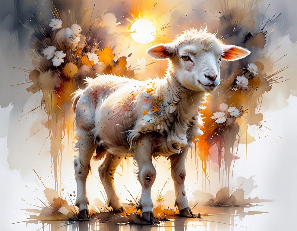 Nervous Lamb at Sunset in Watercolor Style