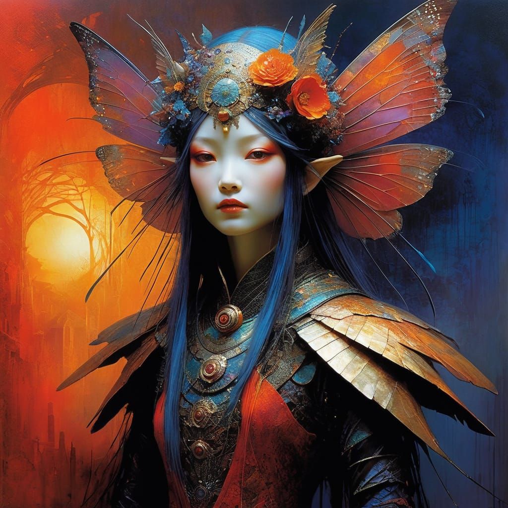 Enchanted Fairy in Vibrant Sunset, Mixed Media Masterpiece