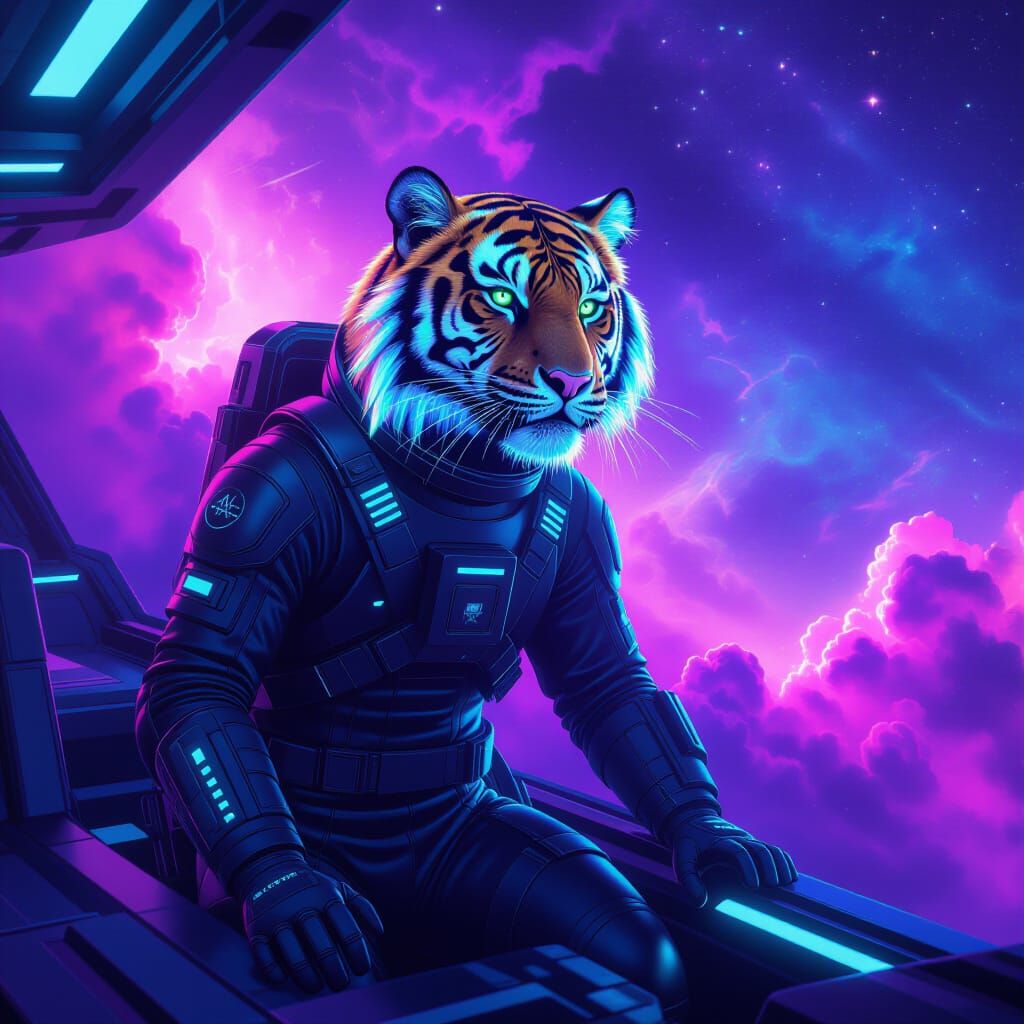 Glowing Tiger Soaring Through Nebula in Spaceship