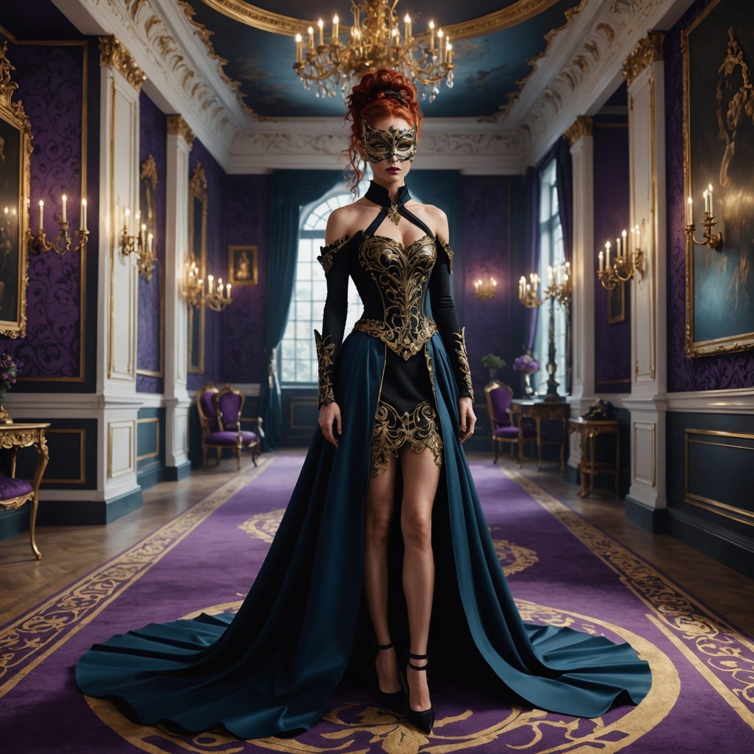 Mysterious Lady in Golden Masquerade at a Lavish Ball