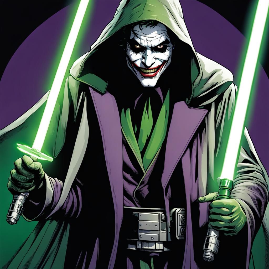 D.C. Comic books The Joker as a robed and hooded Star Wars Sith Lord with green light saber