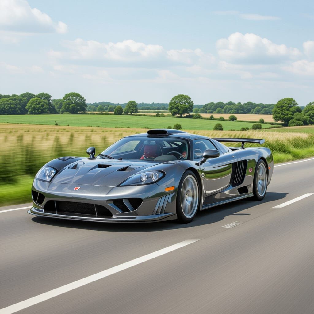 Saleen S7 Races Down UK Country Road in Charcoal Drawing Sty...