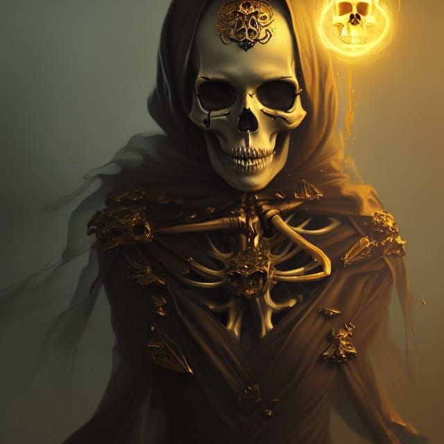 Female skeleton saint with golden skull, head and shoulders portrait, a masterpiece, 8k resolution, dark fantasy concept...