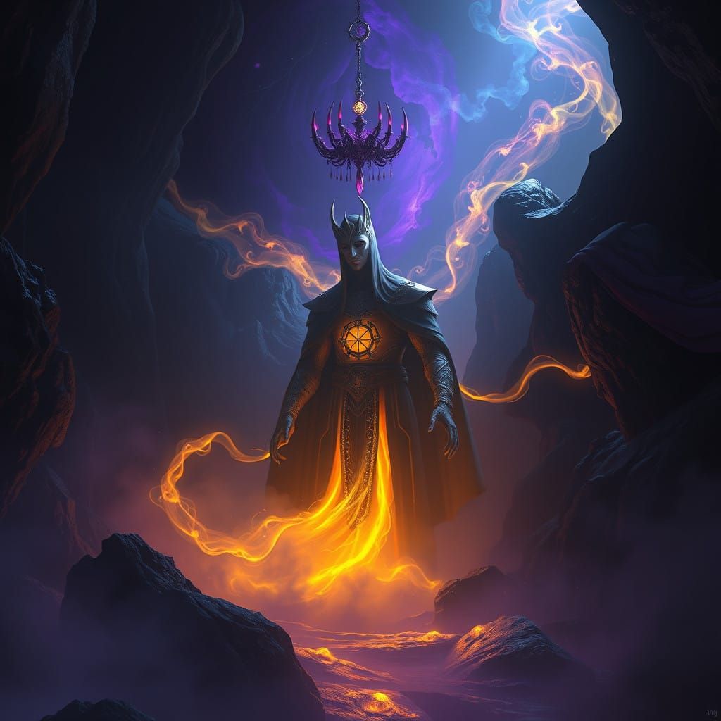 Regal Figure Emerges from Shadows in Dark Fantasy Realm