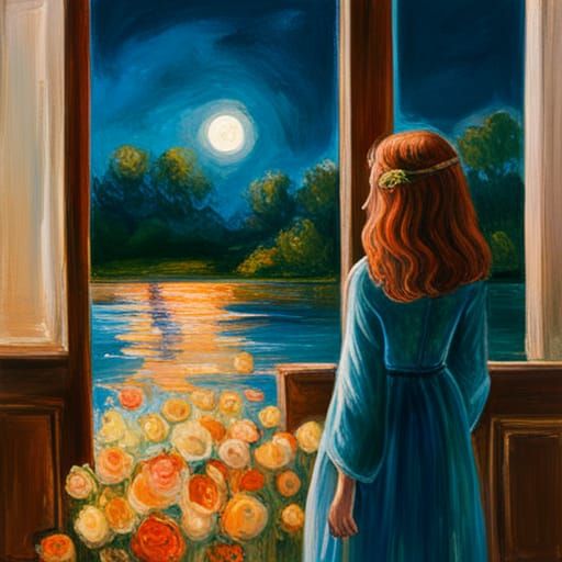 Girl on Pier Gazing at Galactic Lake