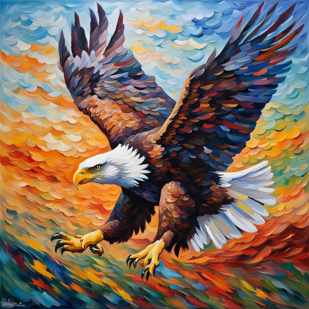 Eagle in Flight: Neo-Impressionist Oil Painting