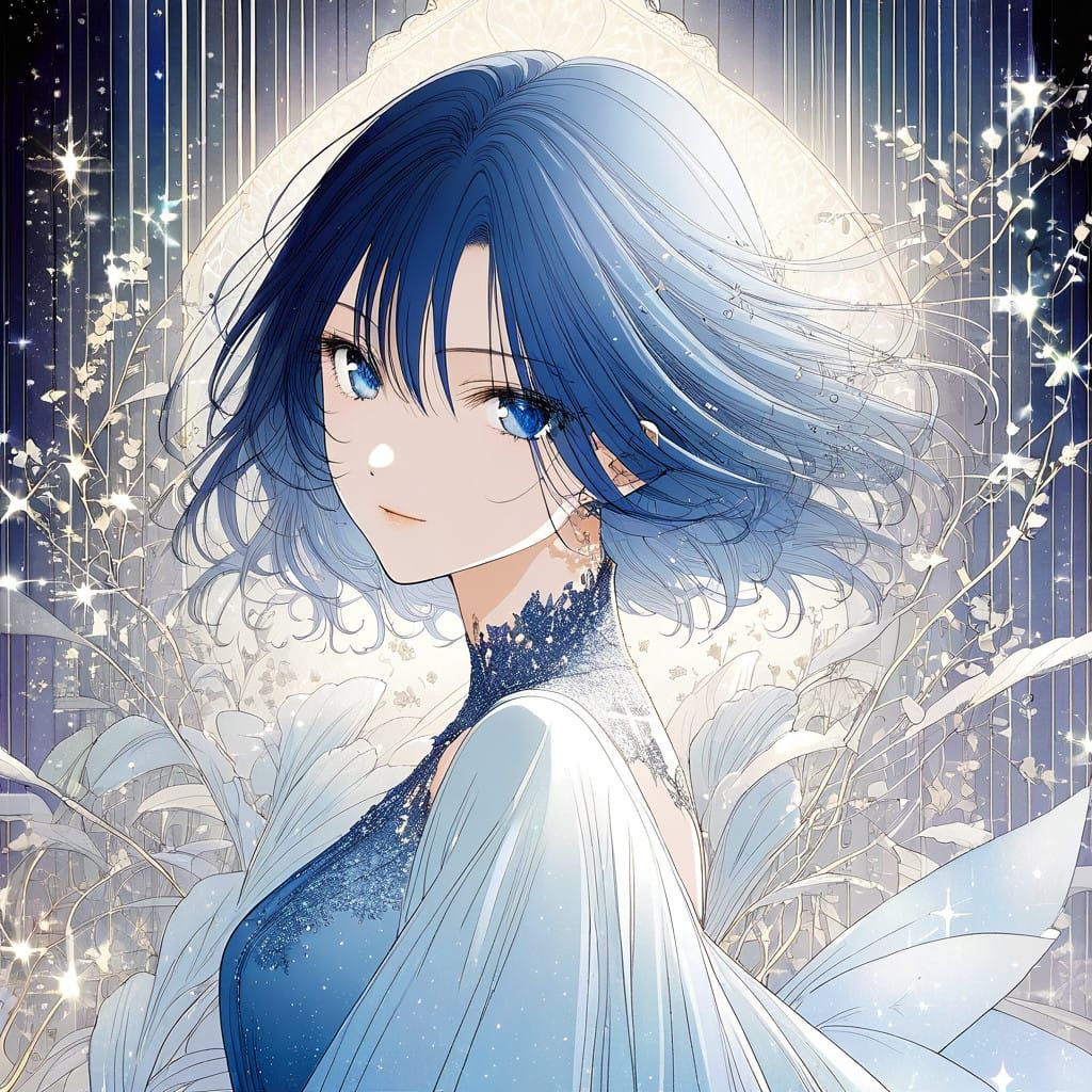 Anime Goddess with Sparkling Blue Hair and Elegant Fairy Acc...