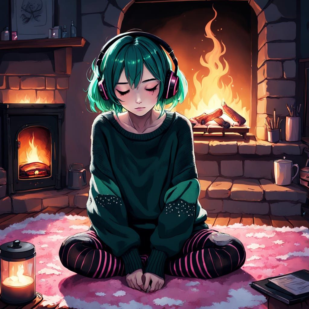 Cozy Emo Girl With Vibrant Hair and Steaming Coffee