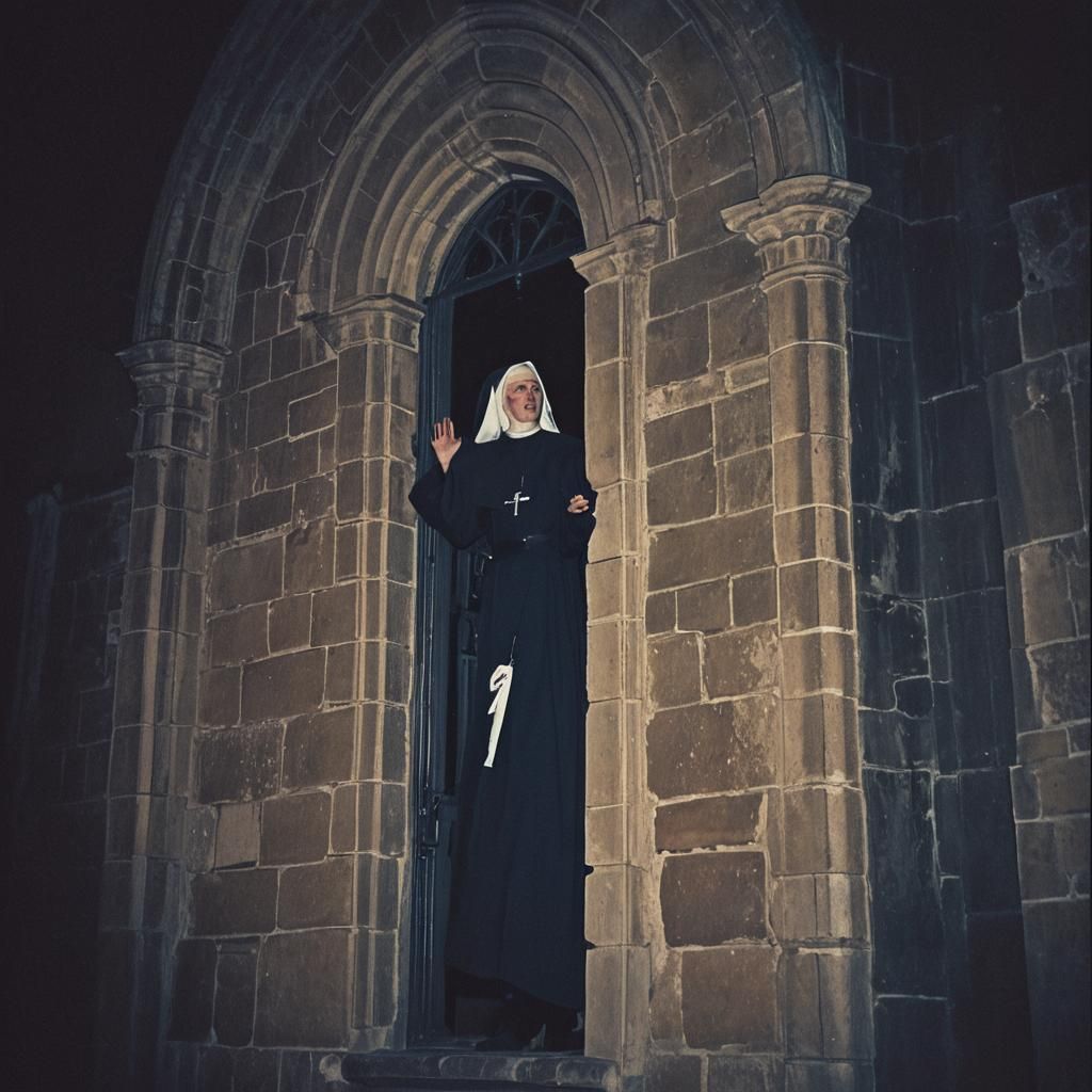 Dramatic Nun Suicide Scene: Cinematic Film Still