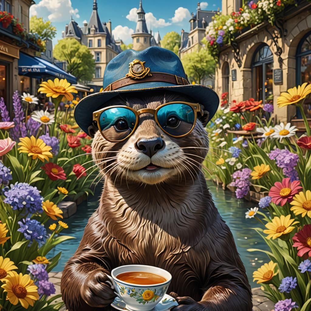 Smiling Otter at Paris Cafe in Van Gogh Style