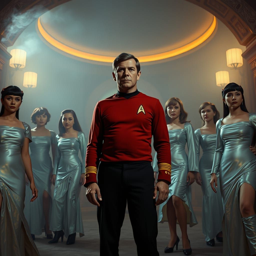 Kirk Confronts Orion Women in Retro Sci-Fi Style