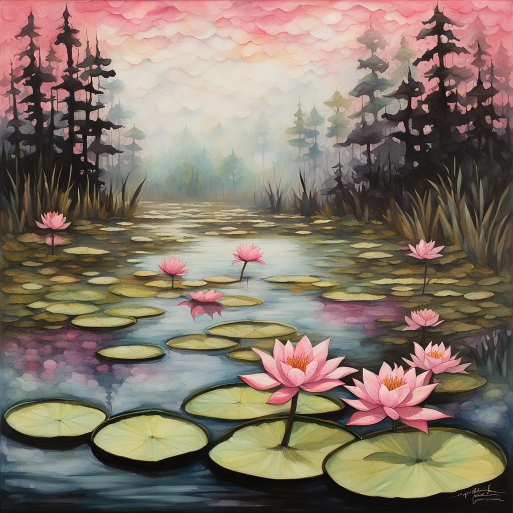 Pink Lily Pond in Textured Alcohol Ink Style