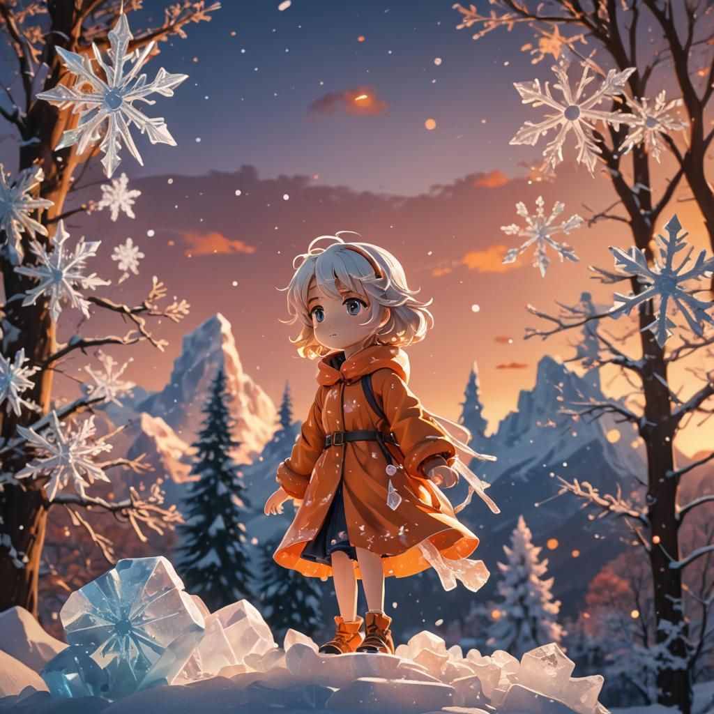 Anime Ice Sculpture in Austrian Alps Sunset