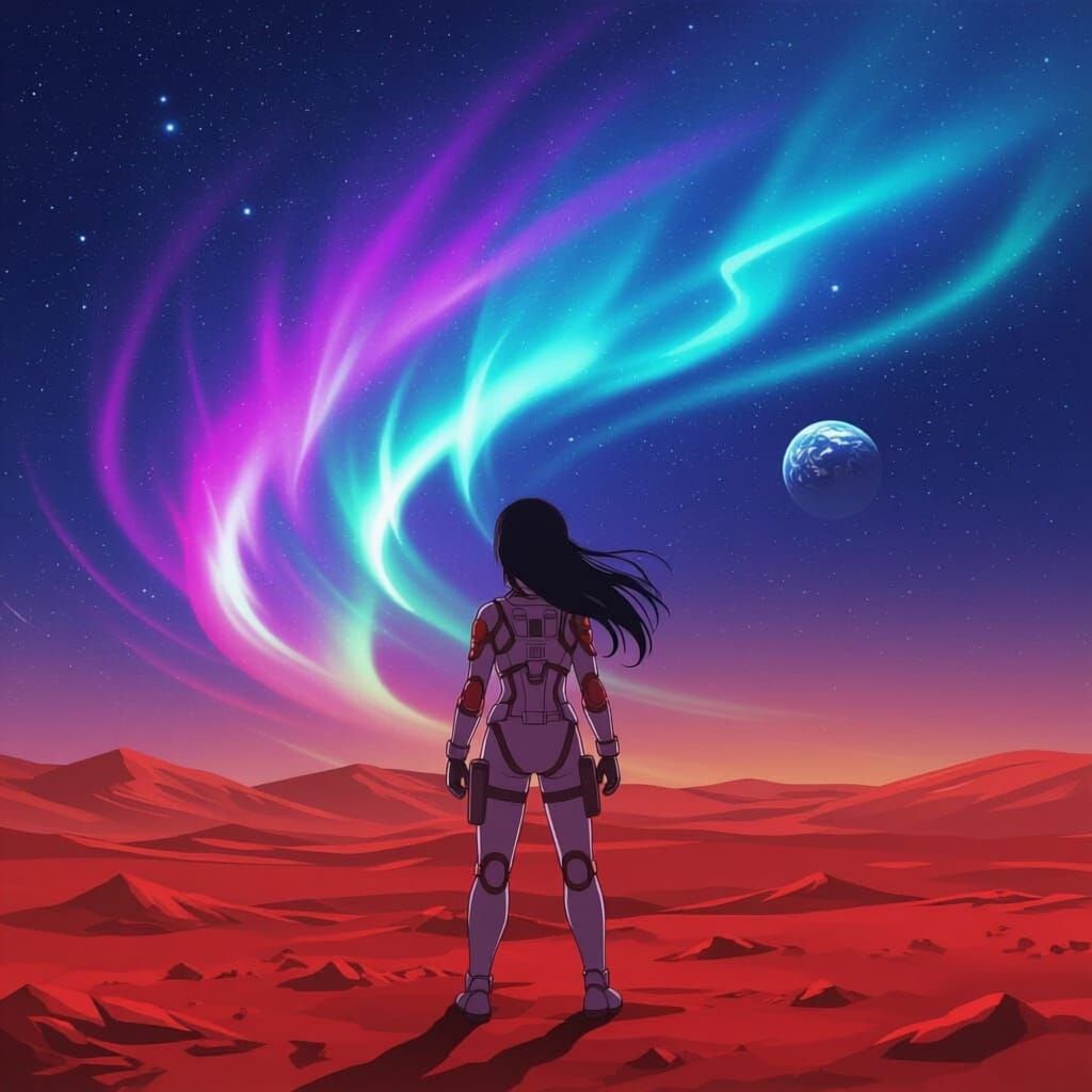 Astronaut on Mars with Pink and Blue Auroras