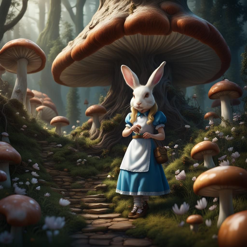 Alice in Wonderland with White Rabbit, Detailed Painting
