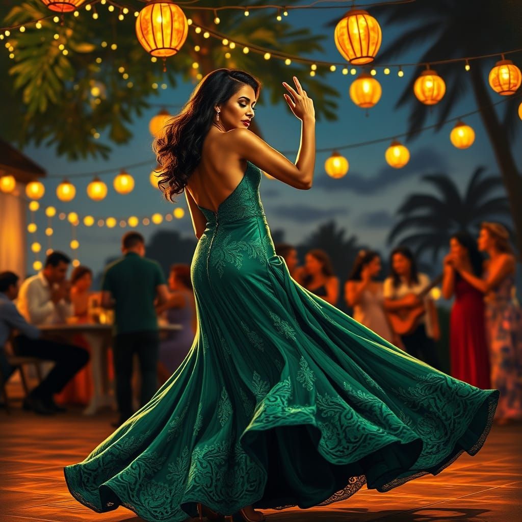 Vibrant Latina Dancer Under Twinkling Lights