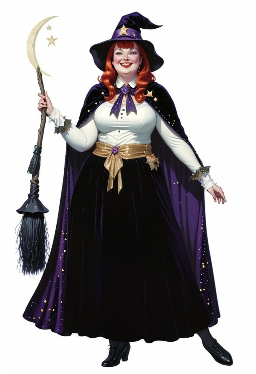 Charming Obese Witch in Starry Chiaroscuro Illustration