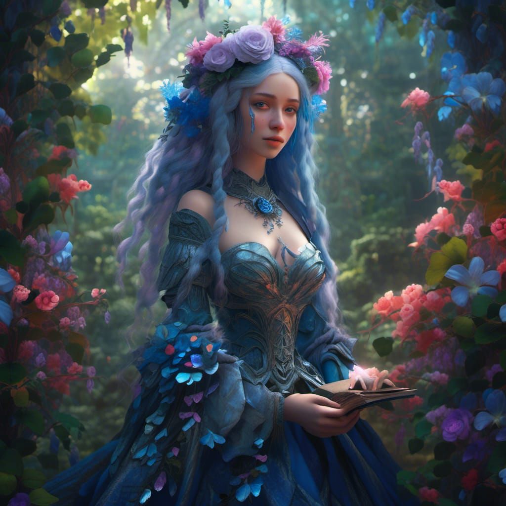 Fantasy Girl with Iridescent Hair in Epic Cinematic Scene
