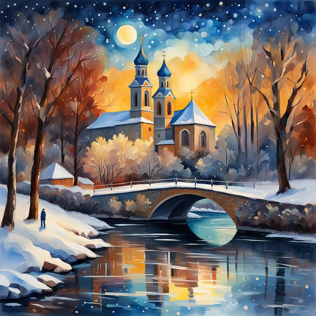 Winter River Church in Gouache Impressionist Style