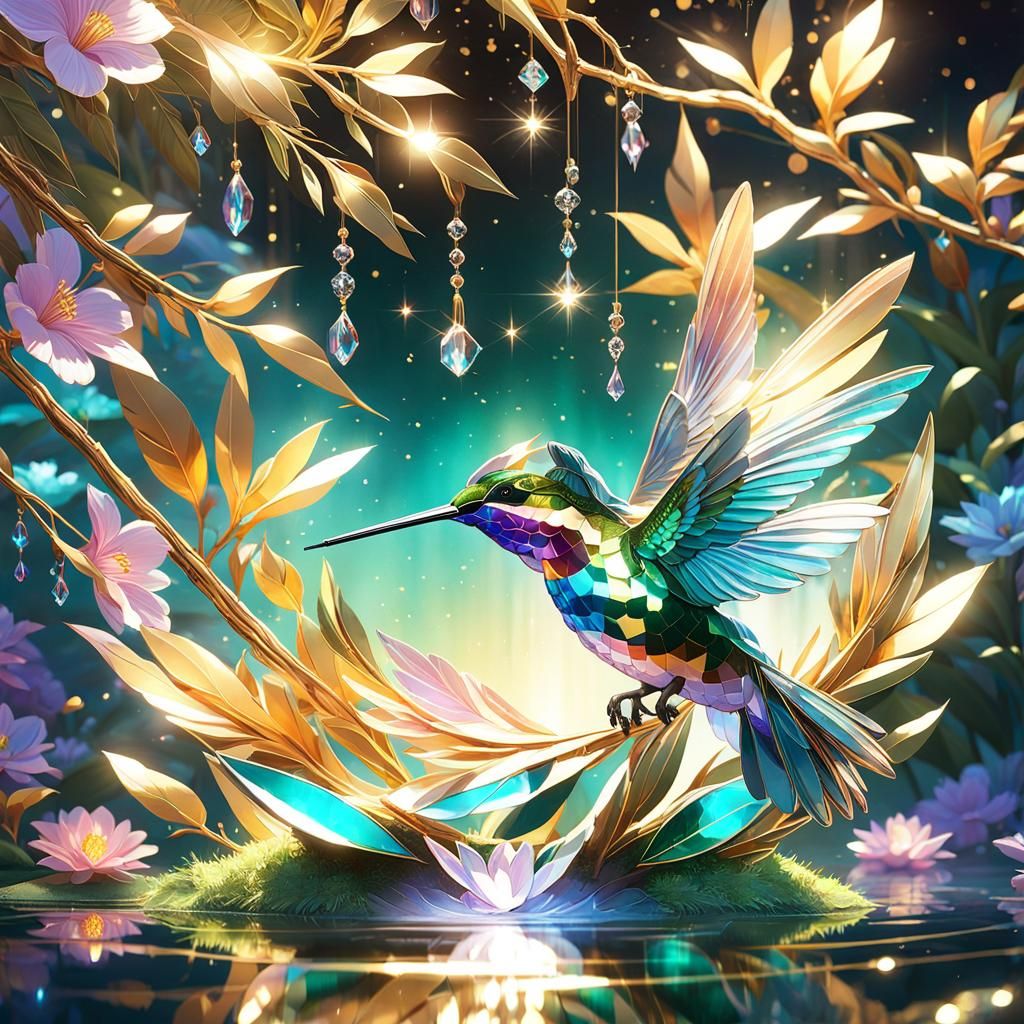 Iridescent Crystal Hummingbird Art in Watercolor Style