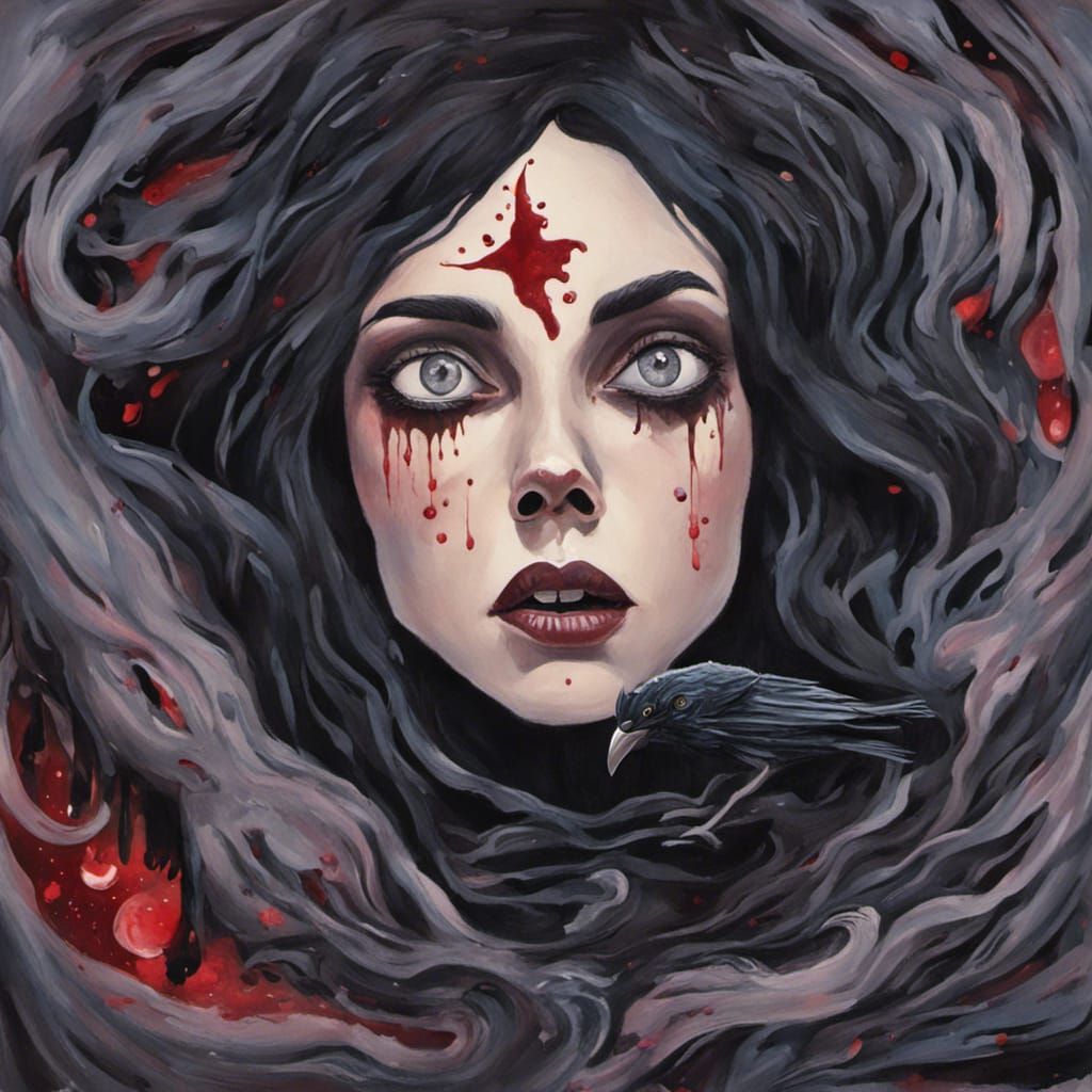 Gouache Painting: Raven Woman Screaming in Forest