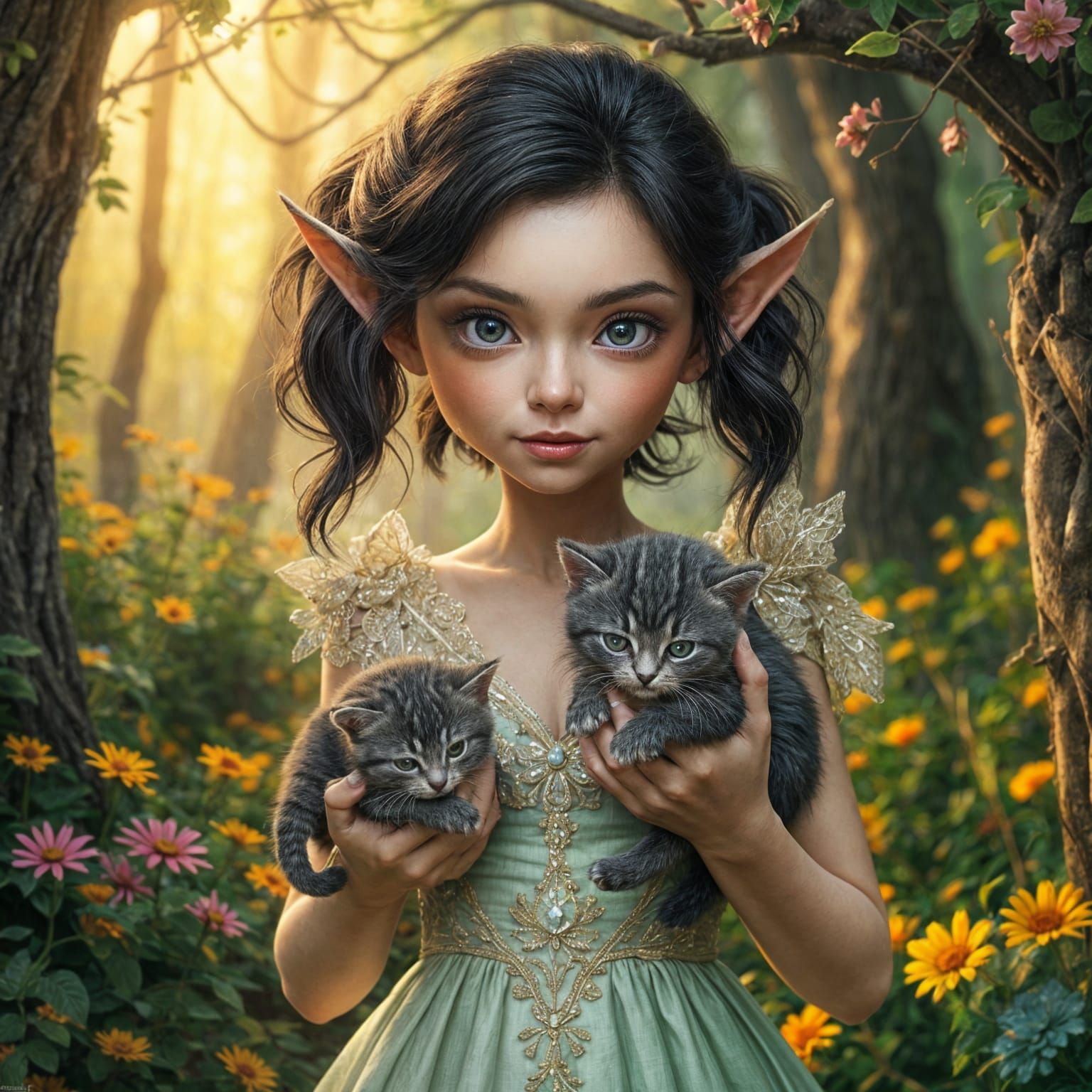 Beautiful Elf Maiden with Whimsical Feline Companions in a C...
