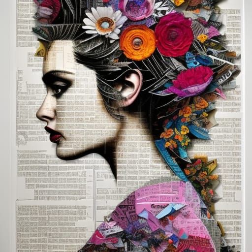 Magazine Collage Portrait of Woman with Flowers
