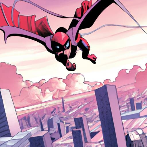 80s cartoon style pterodactyl superhero flying over a city protecting it from the impending meteor