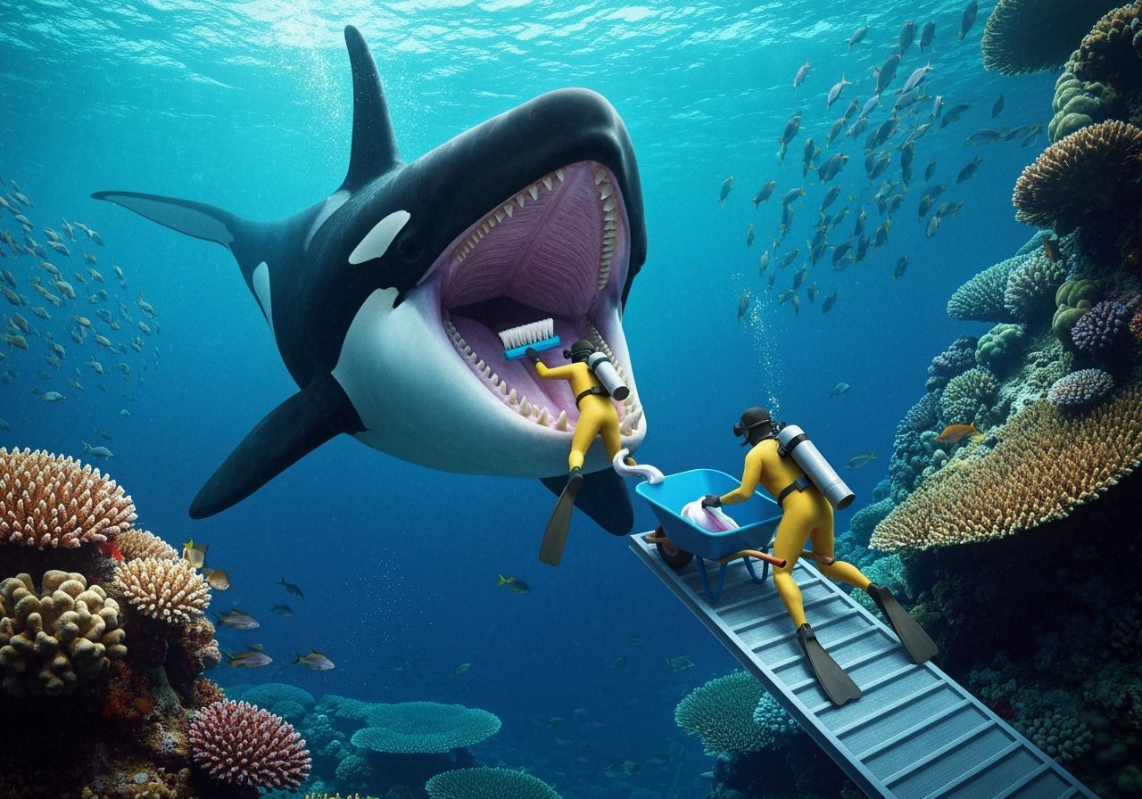Orca Whale Tooth Cleaning Service at Sea Bottom