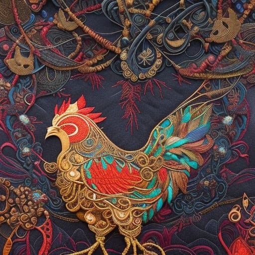 Fantastical Chicken in a Box with Glass and Textile Elements