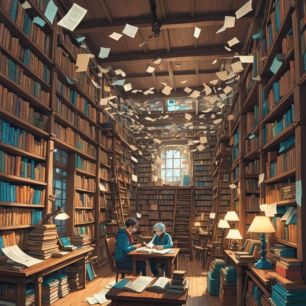Magical Library with Flying Papers: Fantasy Concept Art