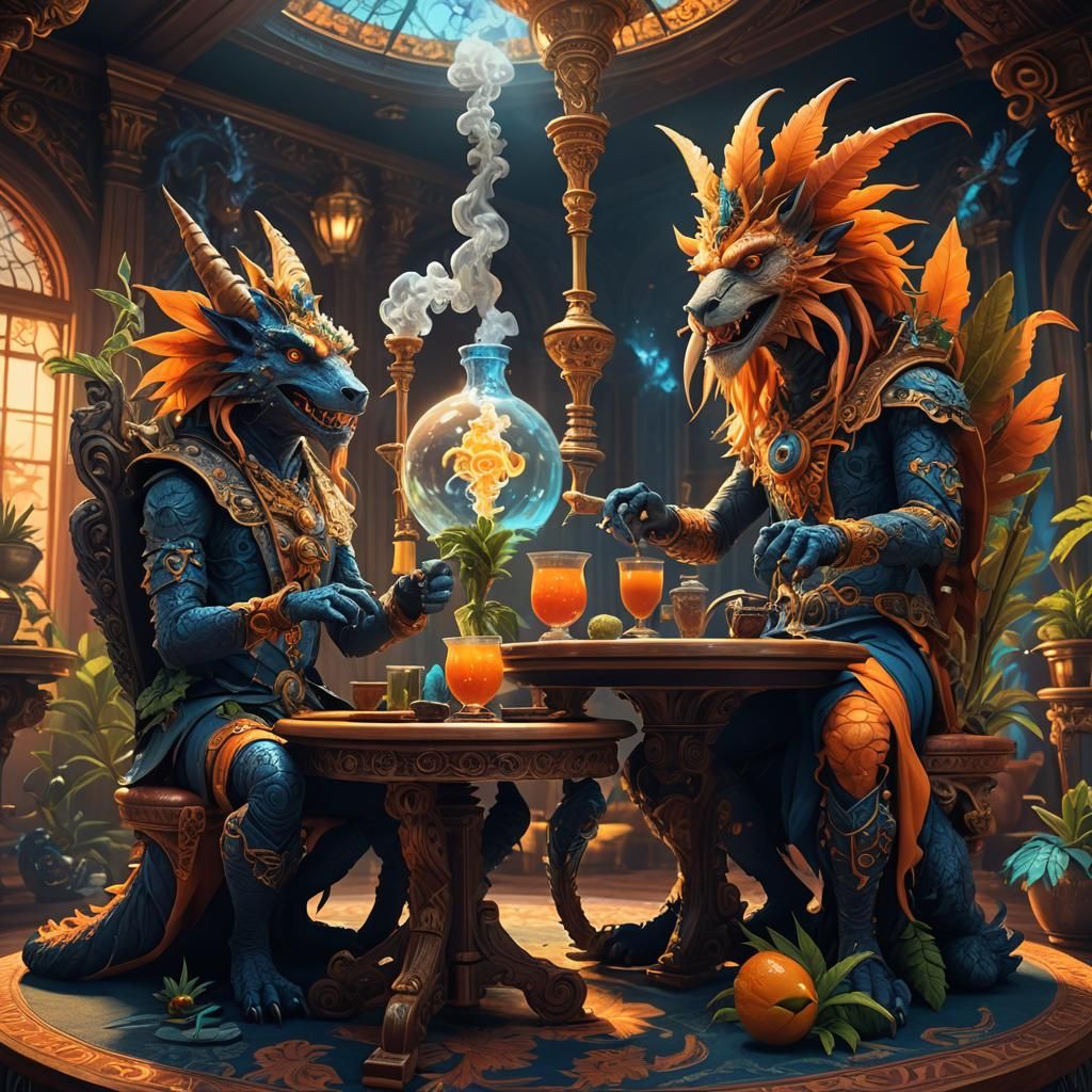 Fantasy Creatures Argue Over Bong in Surreal Scene