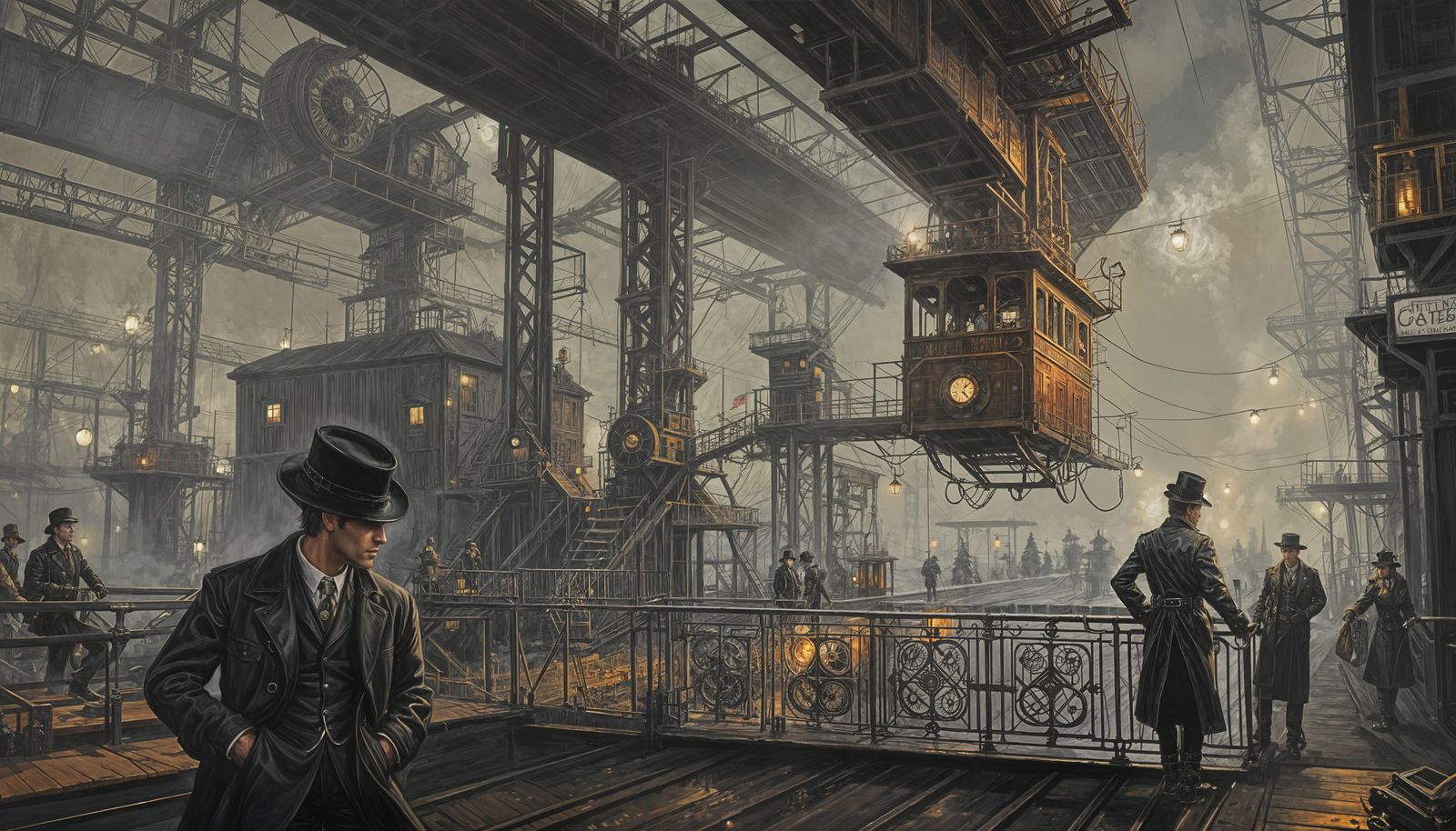Steampunk Night Scene at a Ski Lift Station
