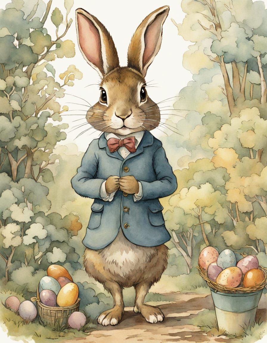 Delicate Watercolor Illustration of Peter Cottontail in Whim...