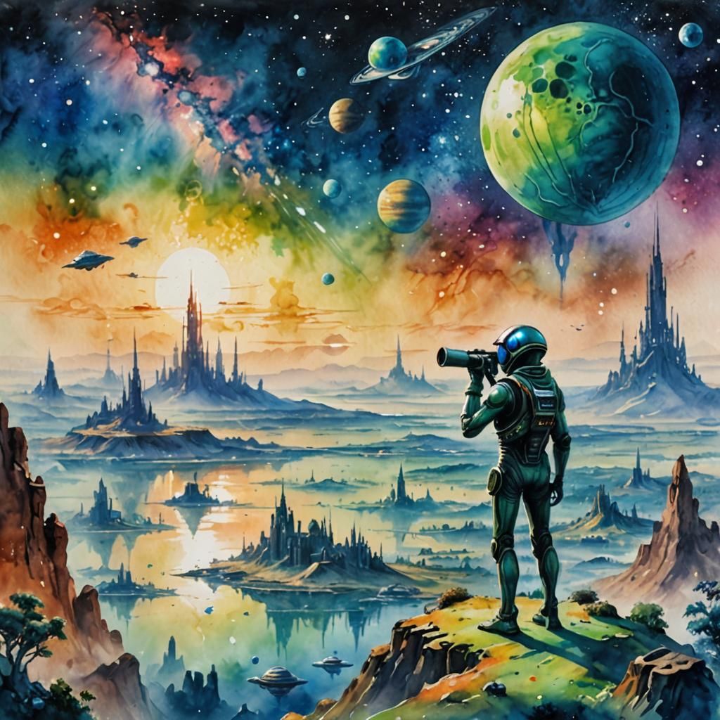 Alien World Landscape Watercolor Painting