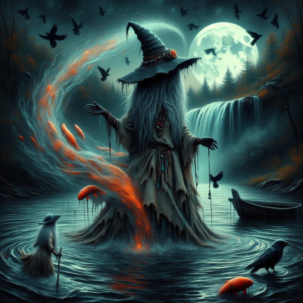 Mystic River Witch with Luminous Koi
