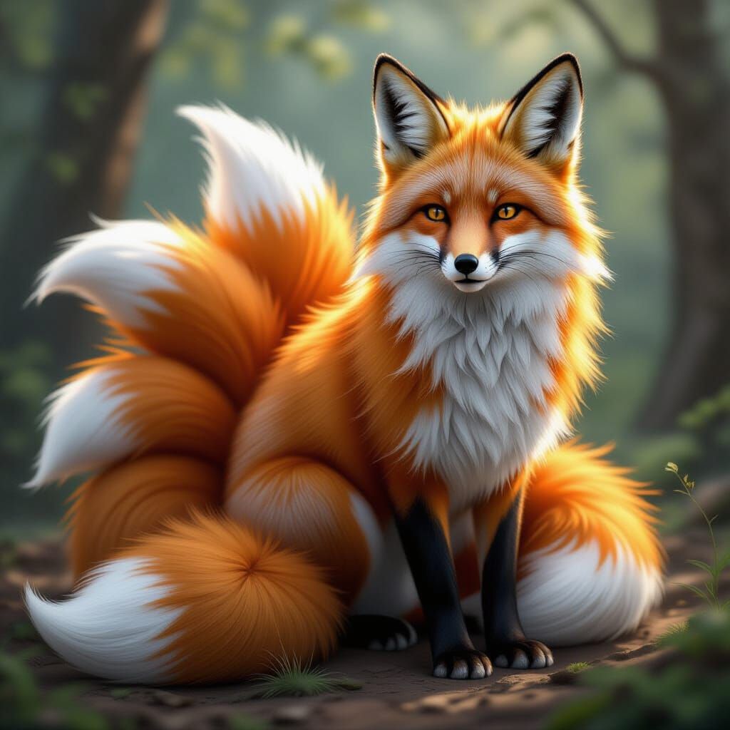 Majestic Nine-Tailed Fox in Realistic Style
