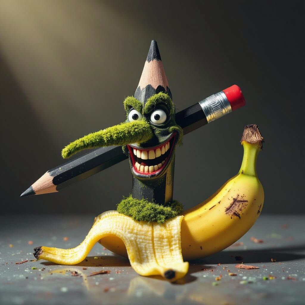 Surreal Graphite Figure with Mossy Nose on Banana Peel