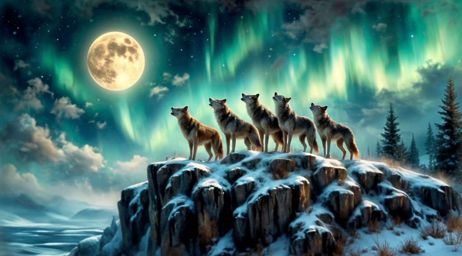 Majestic Wolves Under the Northern Lights