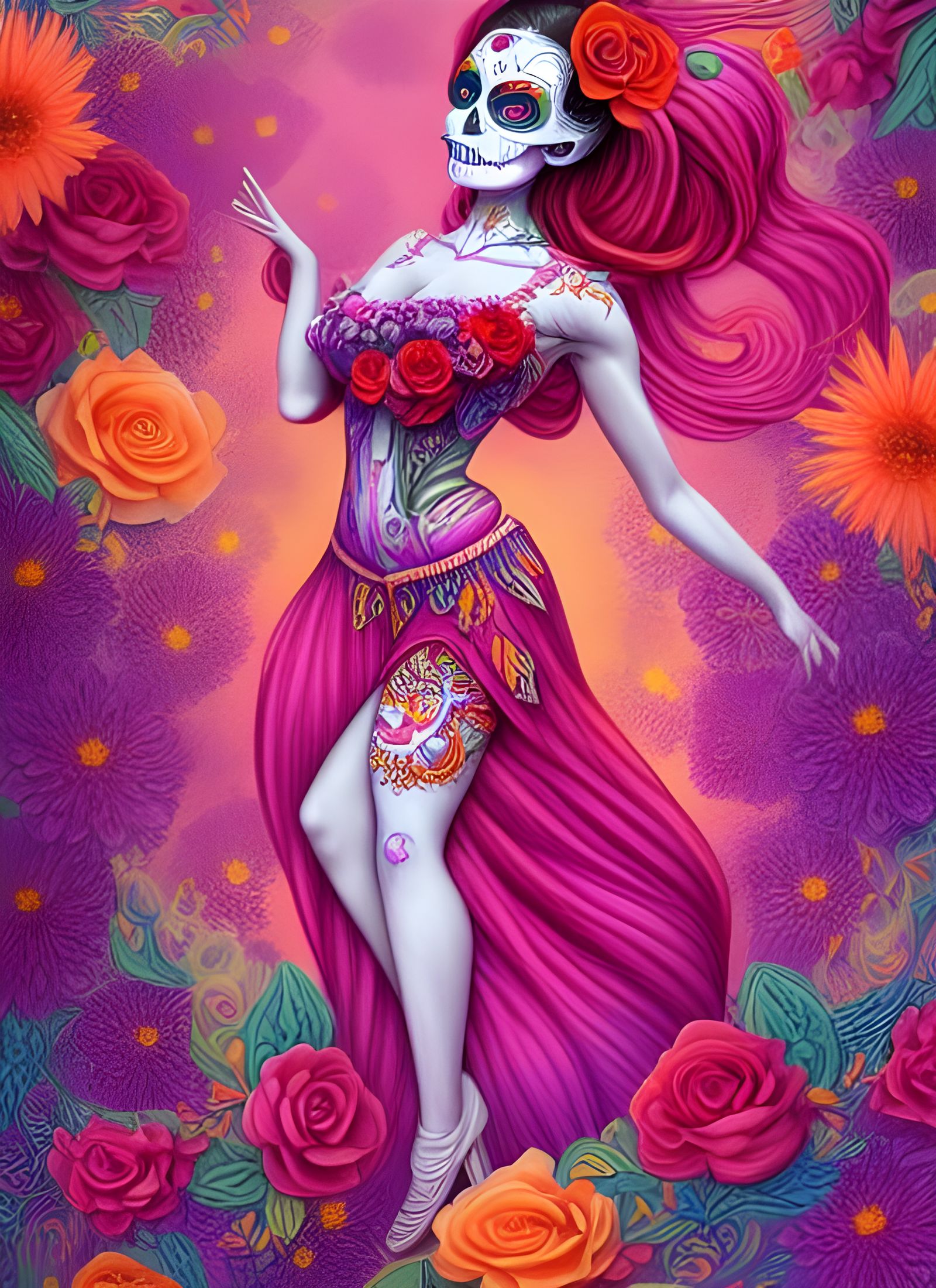 Día de los Muertos Woman Dancing in Floral Dress