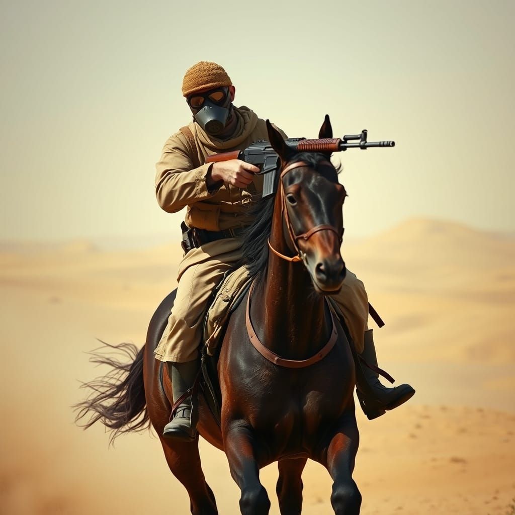 Soldier on Horseback with Gas Mask, Gritty Realism