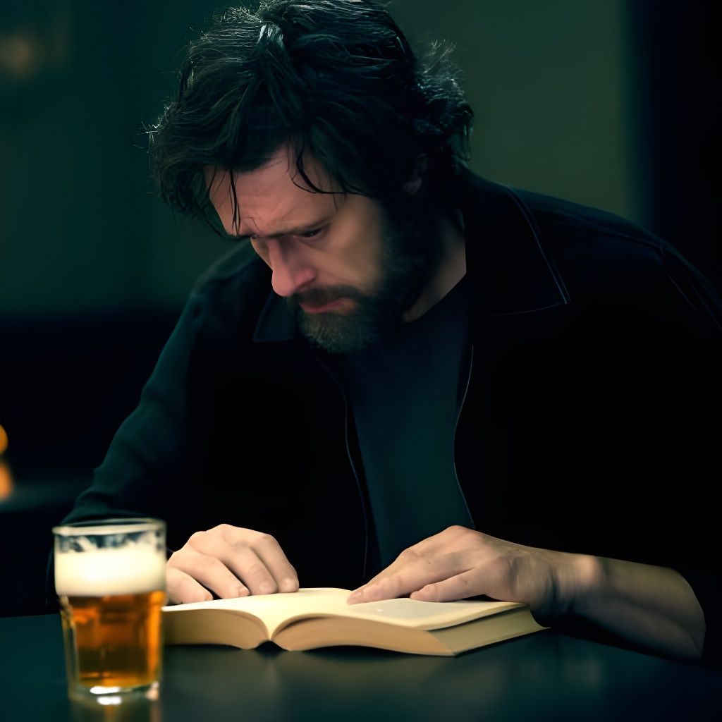 Man Reading Book by Beer Light